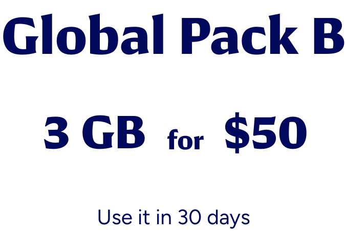 Global Pack B. 3 GB for $50. Use it in 30 days.