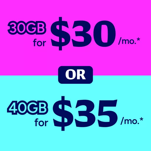 Bright graphic showing two mobile data plans: 30GB for $30 per month, or 40GB for $35 per month.