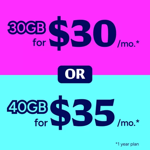 Graphic showing two data plans: 30GB for $30 per month or 40GB for $35 per month, labeled on a one-year plan.
