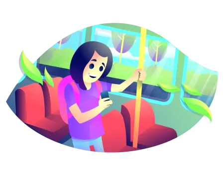 Image of a student riding the bus and looking down on her phone.