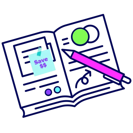 A graphic of a student notebook with a sticky note that says "save money"